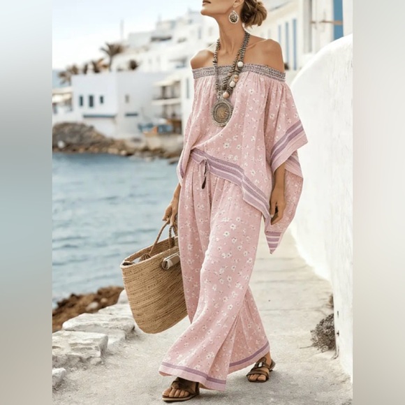 Pants - Resort Island Outfit - Asymmetrical One-Shoulder Top with Wide-Leg Trousers